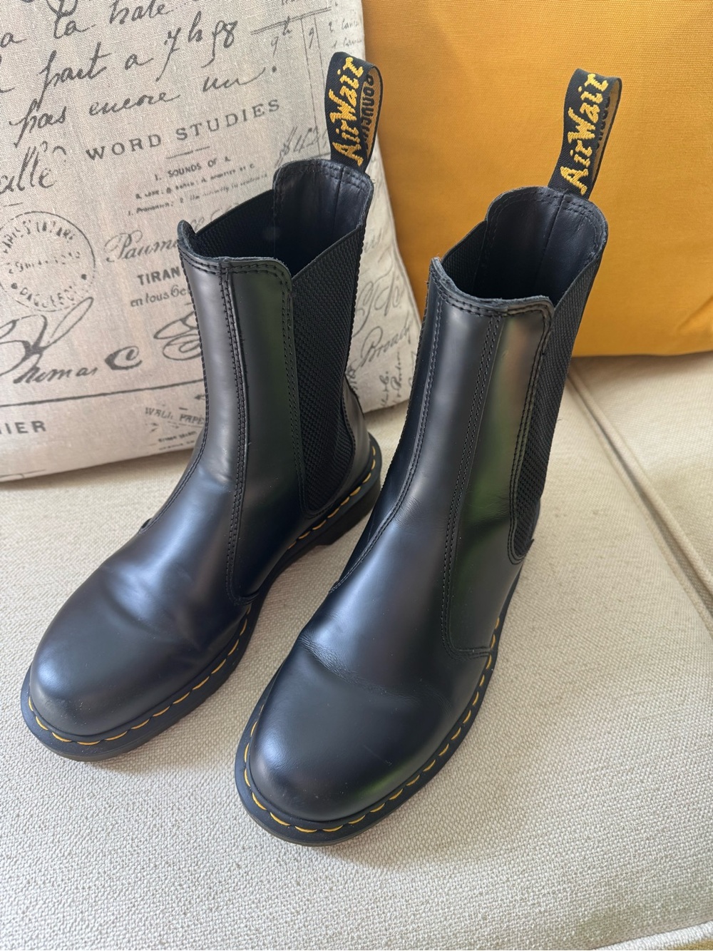 Dr. Martens Black Leather Boots with Yellow Stitching